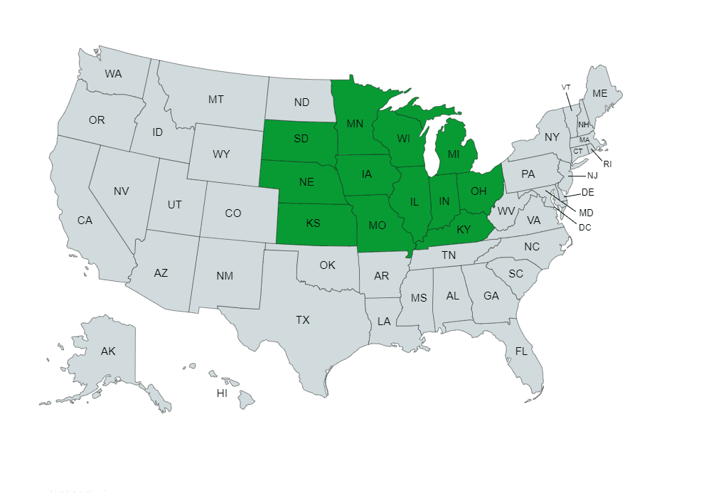 Map of states we deliver to: IL, IN, WI, NE, KY, MI, MO, IO, OH, SD, MN